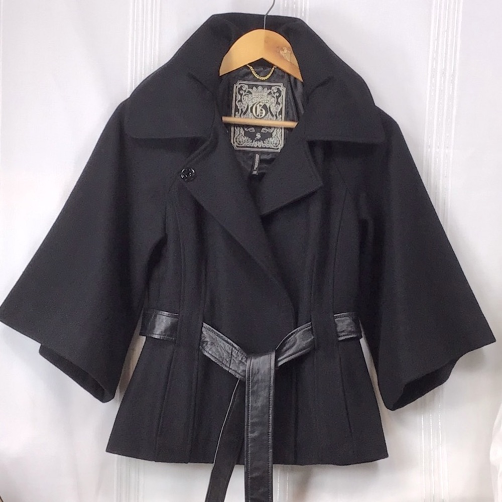 🖤 GUESS Black Wool Blend Leather Belt Snap Front 3-4 Bell Sleeves Sz.S - Picture 12 of 12